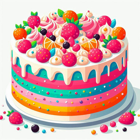 Vector illustration of a birthday cake with cream, berries and fruits.のイラスト素材