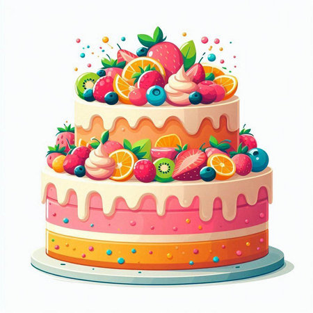 Cake with fruits and berries isolated on white background. Vector illustration.のイラスト素材