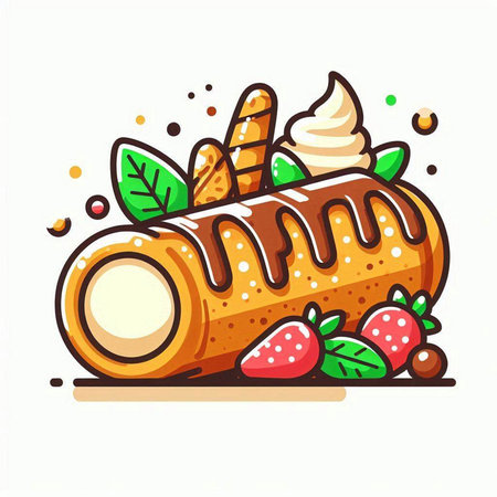 Coffee roll with ice cream and strawberries. Vector illustration.のイラスト素材