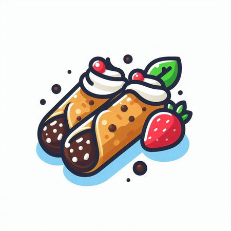 Crepes with whipped cream, strawberry and mint. Vector illustration.のイラスト素材