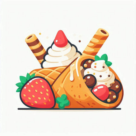 Vector illustration of ice cream in a waffle cone with strawberries and chocolateのイラスト素材