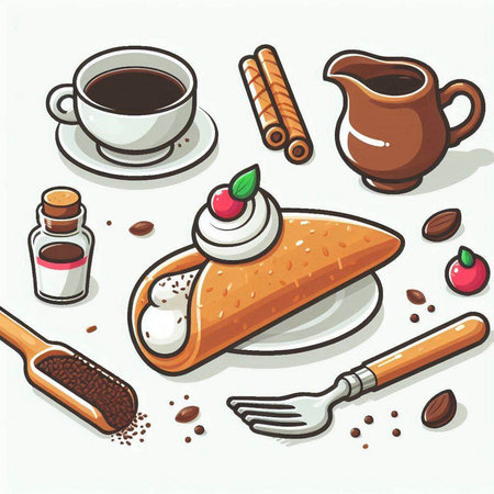 Coffee and cake set. Vector illustration in cartoon style.のイラスト素材