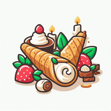 Vector illustration of ice cream in waffle cone with berries and candles.のイラスト素材