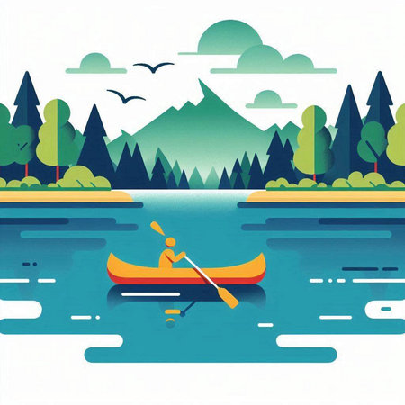 Illustration of a kayak on the lake with mountains and treesのイラスト素材