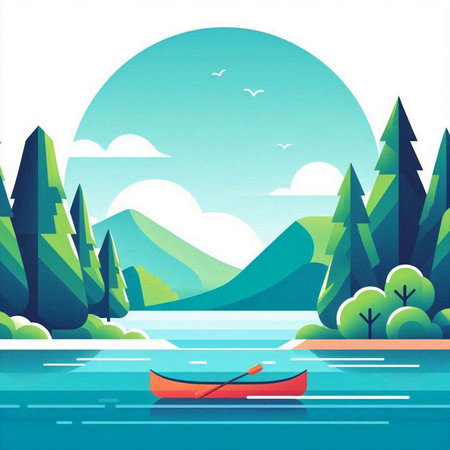 illustration of a boat on a lake in the middle of the forestのイラスト素材
