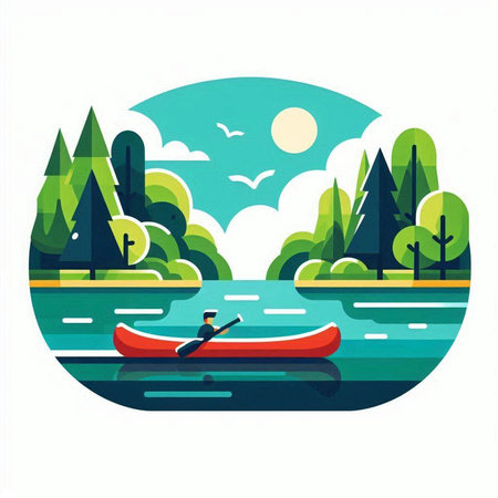 Kayaking on the river in the forest. Flat vector illustration.のイラスト素材