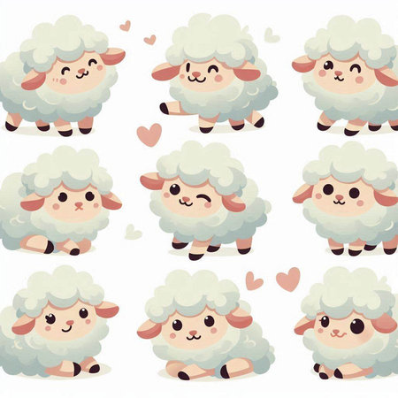 Set of cute sheep with different emotions. Vector illustration isolated on white background.のイラスト素材