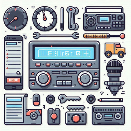 Vector set of retro radio icons in thin line style. Retro vintage radio set. Radio, music player, radio receiver, microphone, cassette player, speaker and other elements.のイラスト素材
