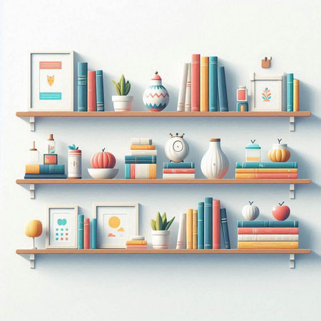 Bookshelves with books and decorations in retro style. Vector illustration.のイラスト素材