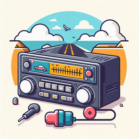 Retro radio with headphones and music player. Vector illustration in cartoon style.のイラスト素材