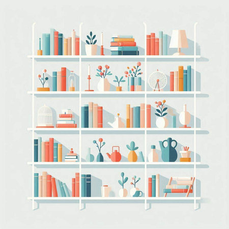 Bookshelves with decorative elements. Vector illustration in flat style.のイラスト素材