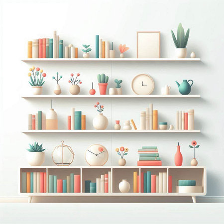 White bookshelf with books and decorations. 3d illustration.のイラスト素材
