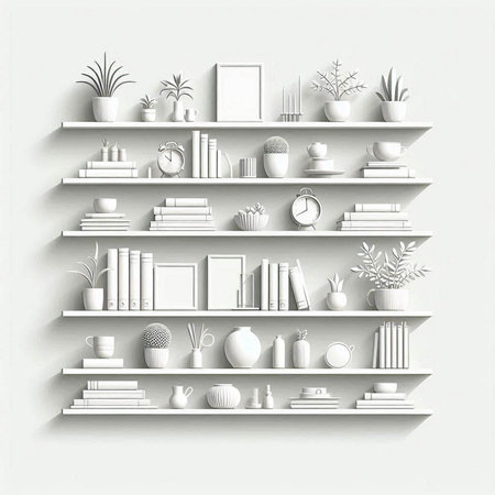 White bookshelf with books and decorations, 3d illustration.のイラスト素材