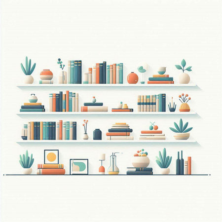 Vector illustration of bookshelves with books and decorations in flat styleのイラスト素材