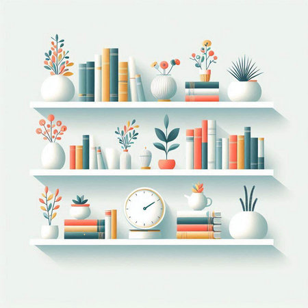 Bookshelf with books and decorations in flat style. Vector illustration.のイラスト素材