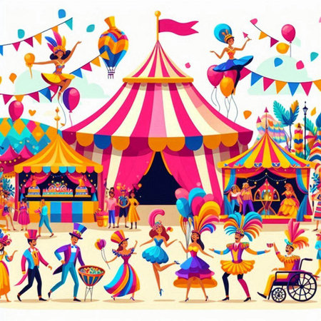 Circus carnival with people in costumes and masks. Vector illustrationのイラスト素材