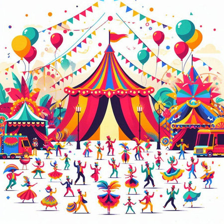Carnival background with circus tent and people. Vector illustration.のイラスト素材
