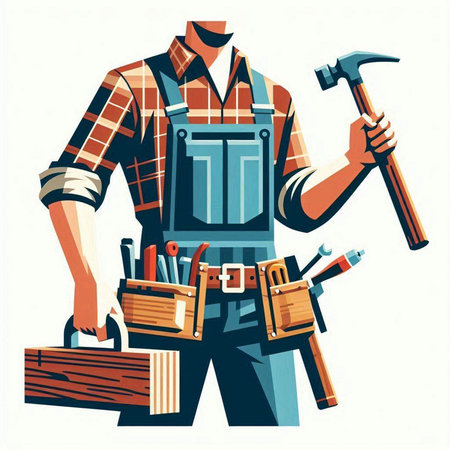 Vector illustration of a construction worker with tools in his hand. Construction worker.のイラスト素材