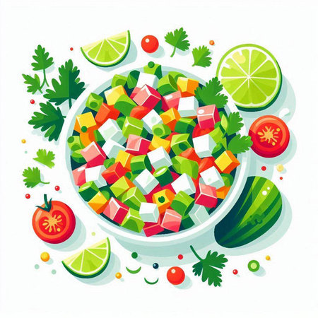 Vector illustration of a bowl of vegetable salad with tofu, cucumber, tomato and parsley.のイラスト素材