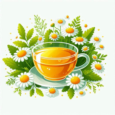 Cup of tea with chamomile flowers. Vector illustration.のイラスト素材