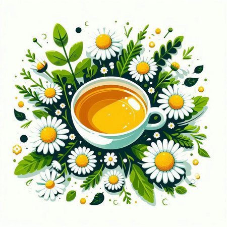 Cup of tea with chamomile flowers. Vector illustration.のイラスト素材
