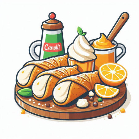 Fresh croissant with whipped cream and orange juice. Vector illustration.のイラスト素材