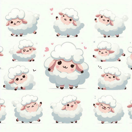 Seamless pattern with cute sheeps on white background. Vector illustration.のイラスト素材