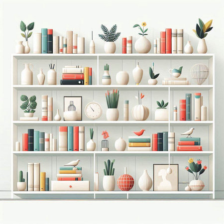 Bookshelf with books, vases and decorations. Vector illustration.のイラスト素材