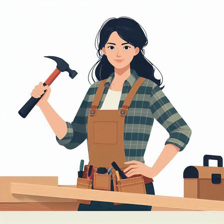 Carpenter woman with hammer and tools. Vector illustration in cartoon style.のイラスト素材