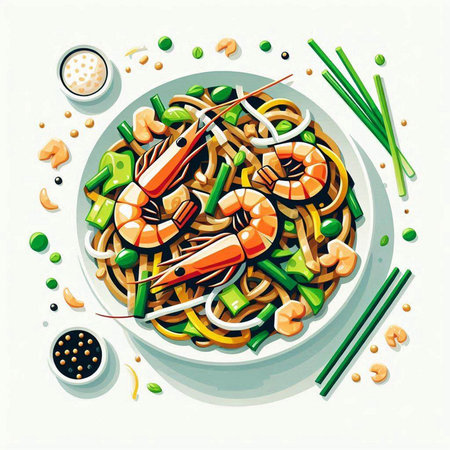 Bowl of noodle with shrimps and vegetables, vector illustrationのイラスト素材