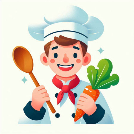 Chef with ladle and carrot. Vector illustration in cartoon styleのイラスト素材