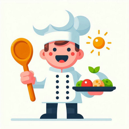 Vector illustration of a cartoon boy in a chef costume with a ladle.のイラスト素材