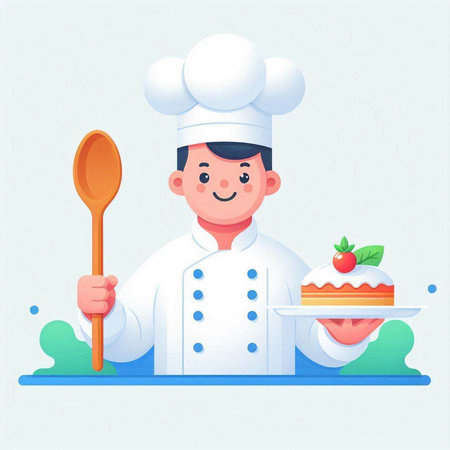 Chef holding a spoon and a plate with cake. Vector illustration.のイラスト素材