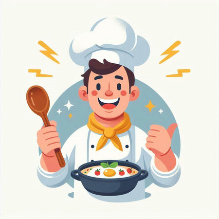 Chef boy in uniform cooking food. Vector illustration in cartoon styleのイラスト素材