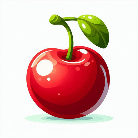 Illustration of a fresh red cherry with leaves on a white backgroundのイラスト素材