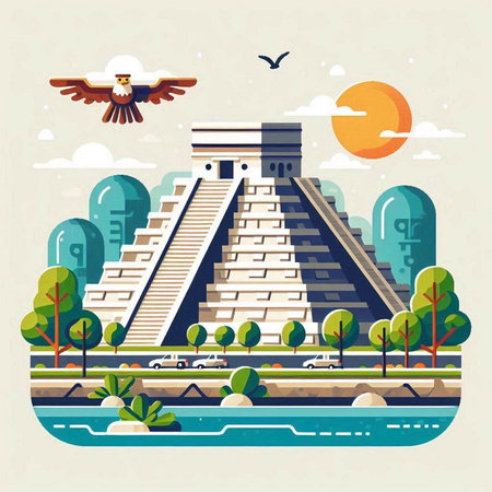Chichen Itza, Mexico. Vector illustration in flat style.のイラスト素材