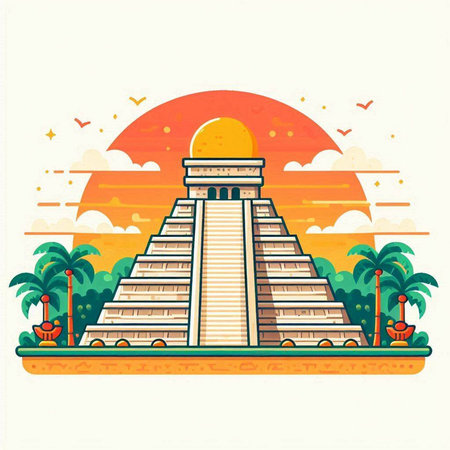 Ancient Mayan pyramid in flat style. Vector illustration of famous landmark.のイラスト素材