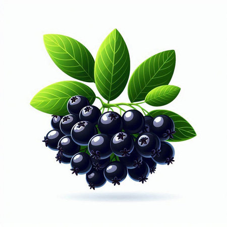 Black currant with leaves isolated on white background. Vector illustration.のイラスト素材