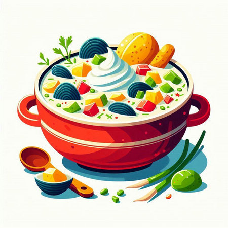Vector illustration of a bowl of soup with vegetables and sour cream.のイラスト素材