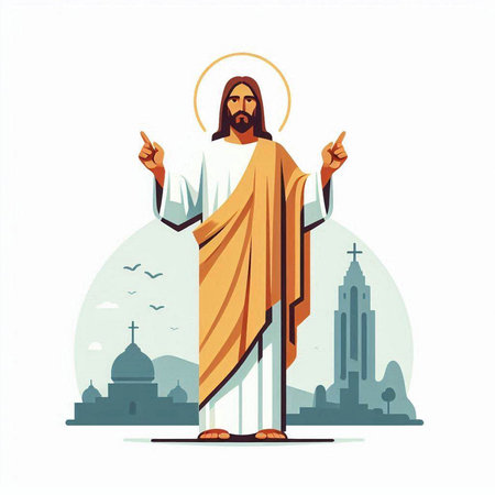 Jesus Christ in front of the church. Vector illustration in flat styleのイラスト素材