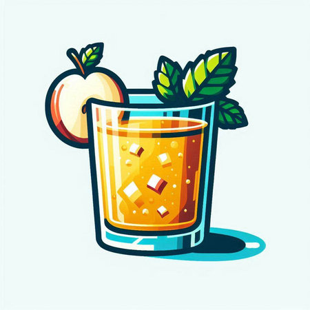 Orange juice with apple and mint. Vector illustration in cartoon style.のイラスト素材