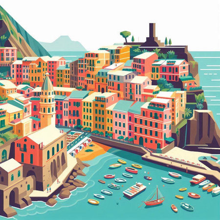 Cityscape of Riomaggiore, Italy. Vector illustrationのイラスト素材