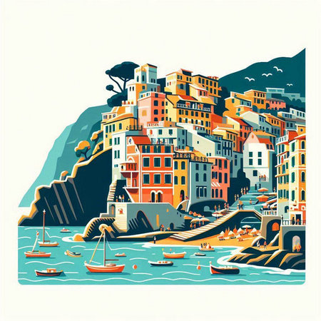 Riomaggiore, Italy. Colorful vector illustration.のイラスト素材