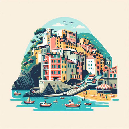 Vernazza. Cinque Terre. Italy. Vector illustrationのイラスト素材