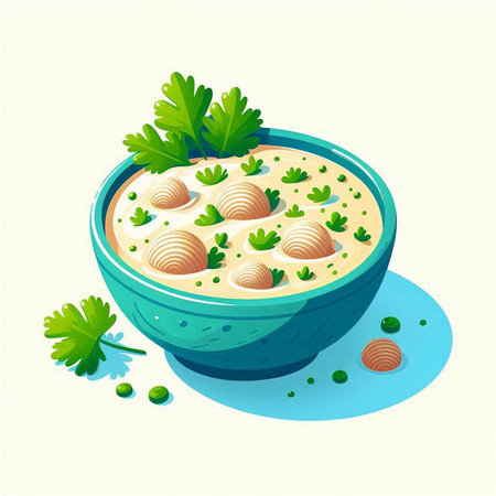 Illustration of a bowl of creamy soup with dumplings and parsleyのイラスト素材