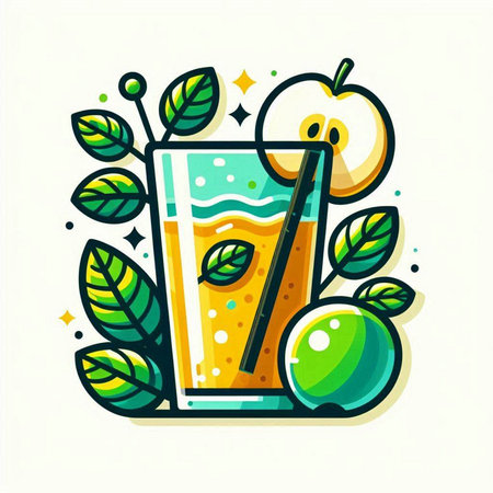 Vector illustration of a glass of fresh smoothie with apple and mint.のイラスト素材