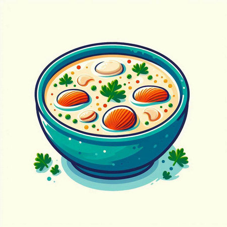 Bowl of soup with salmon and parsley. Vector illustration.のイラスト素材