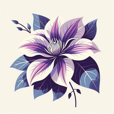 Illustration of a purple magnolia flower with leaves on a light backgroundのイラスト素材