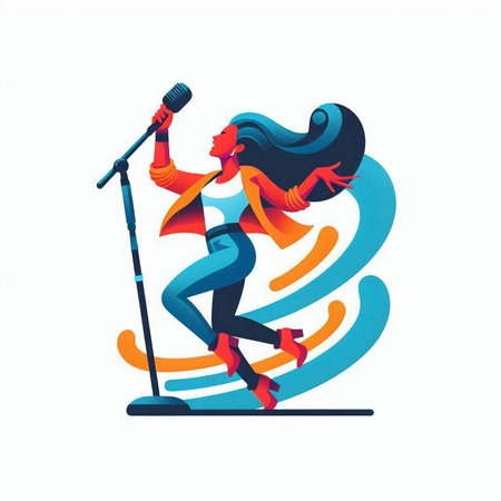 Vector illustration of a girl singing into a microphone. Flat style.のイラスト素材