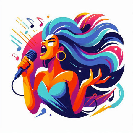 Vector illustration of a girl with long hair singing into a microphone.のイラスト素材